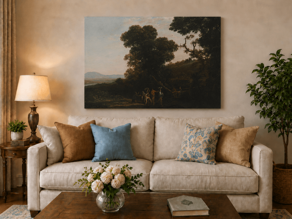 Landscape Oil Painting - Wooded Hillside with Figures Wall Art