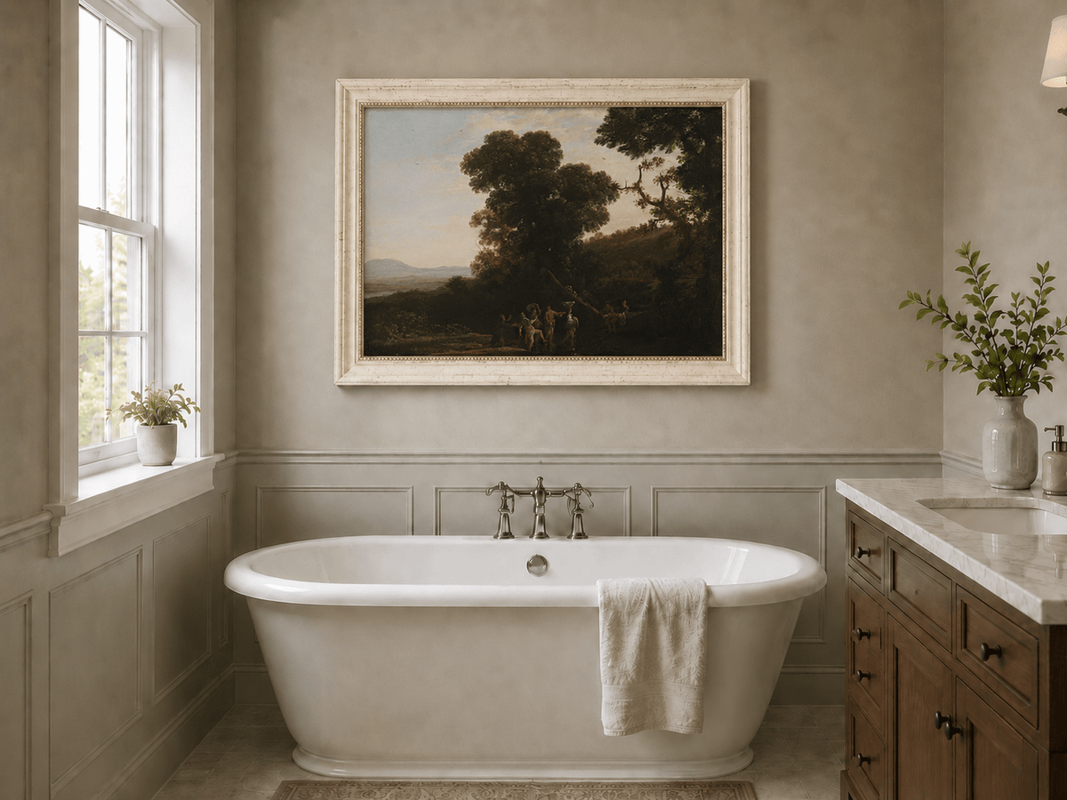 Landscape Oil Painting - Wooded Hillside with Figures Wall Art