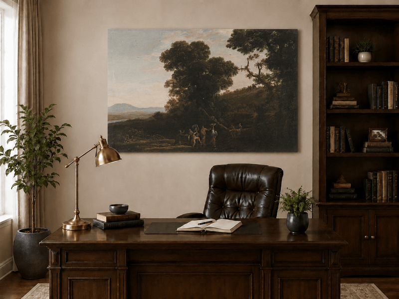 Landscape Oil Painting - Wooded Hillside with Figures Wall Art