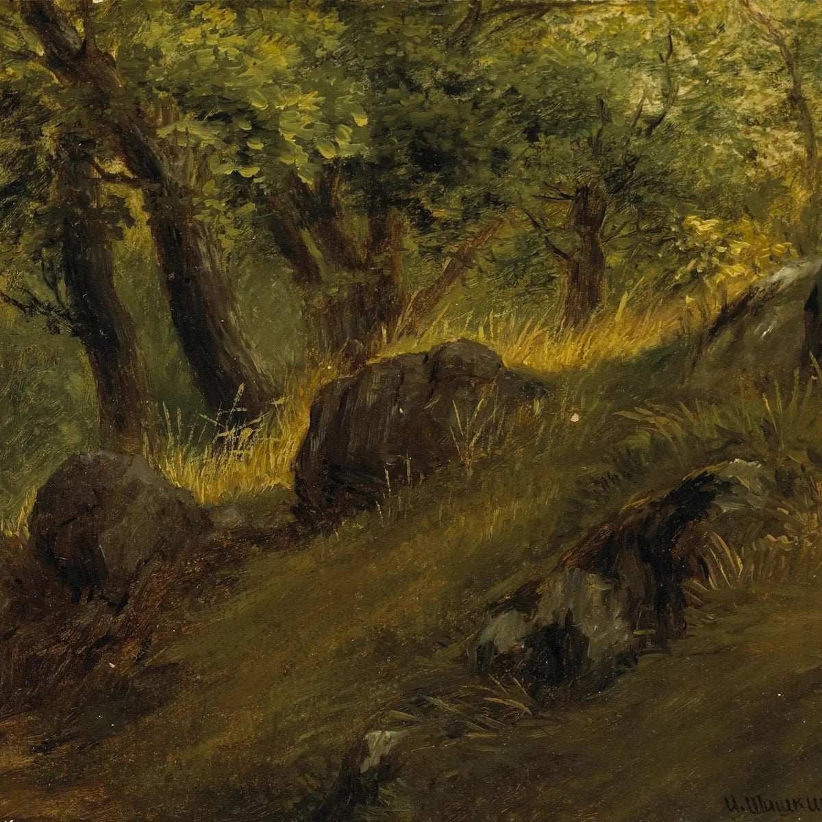 Landscape Oil Painting - Wooded Hillside with Rocks Wall Art - Oil Painting Haven