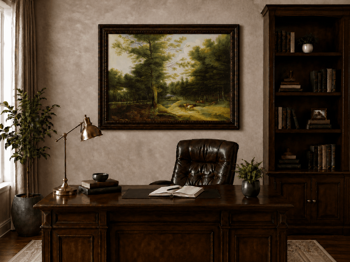 Landscape Oil Painting - Wooded Landscape with Resting Cattle