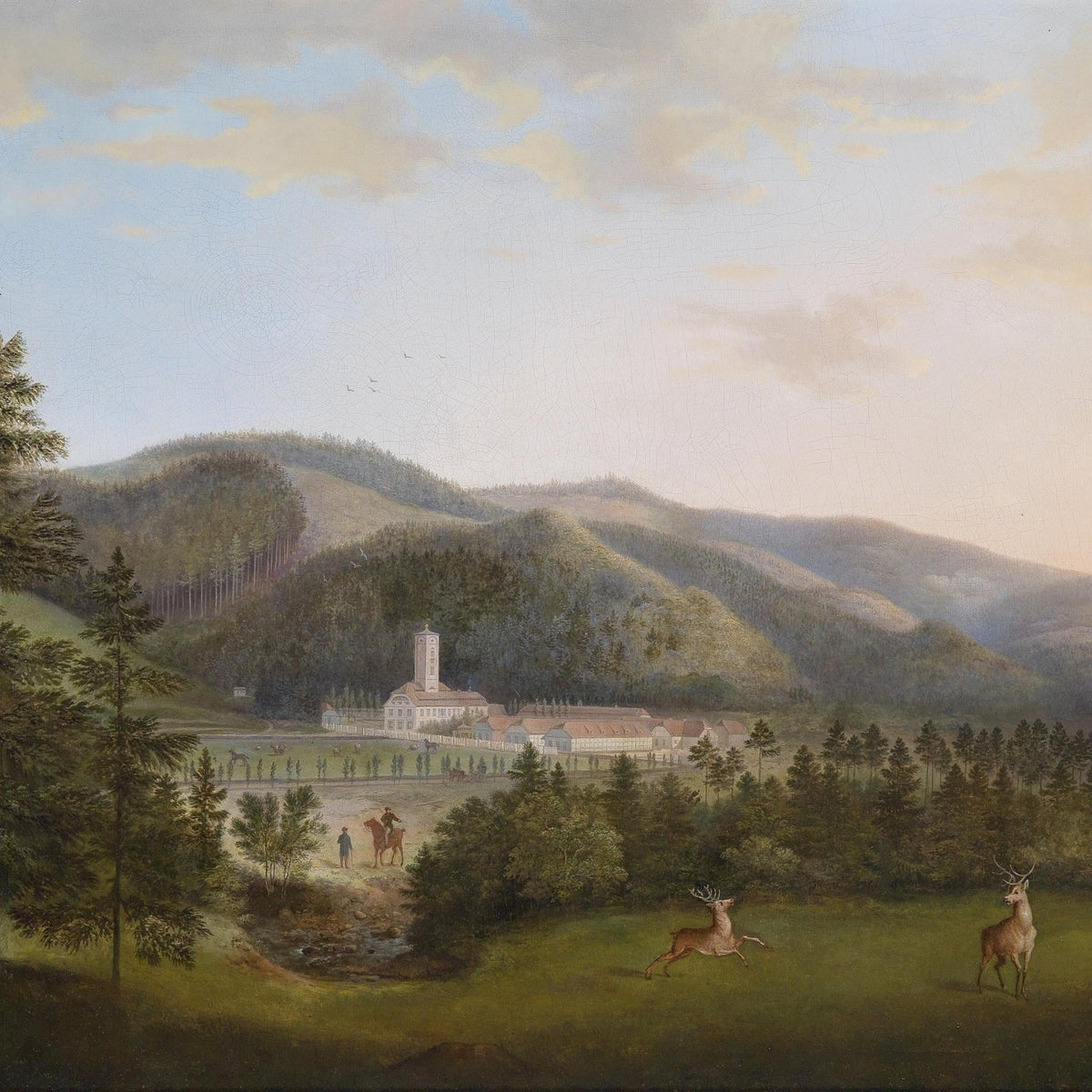 Landscape Oil Painting - Wooded Mountain, Towered Building, Deer - Oil Painting Haven