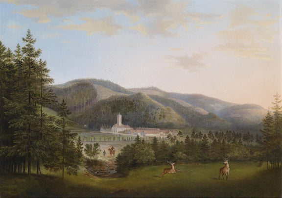 Landscape Oil Painting - Wooded Mountain, Towered Building, Deer - Oil Painting Haven