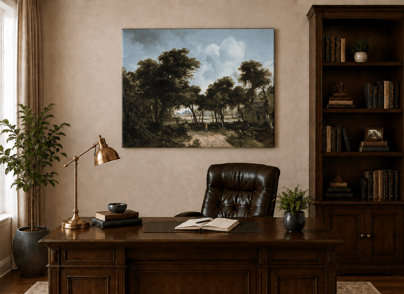 Ölgemälde Landschaft – bewaldeter Weg mit Figur und Hütte