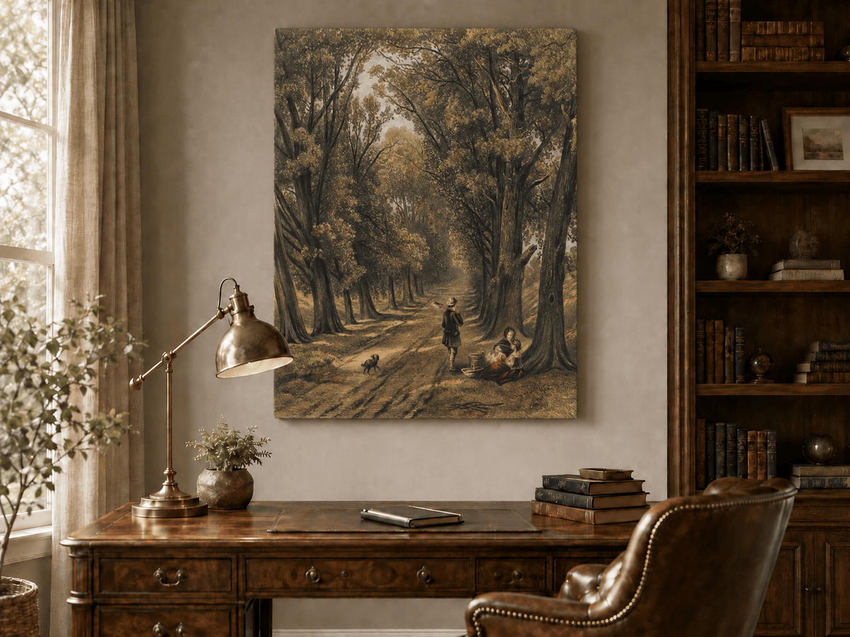 Landscape Oil Painting - Wooded Path Figures Under Tall Trees
