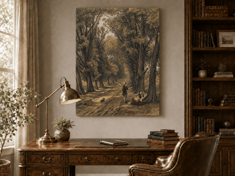 Landscape Oil Painting - Wooded Path Figures Under Tall Trees