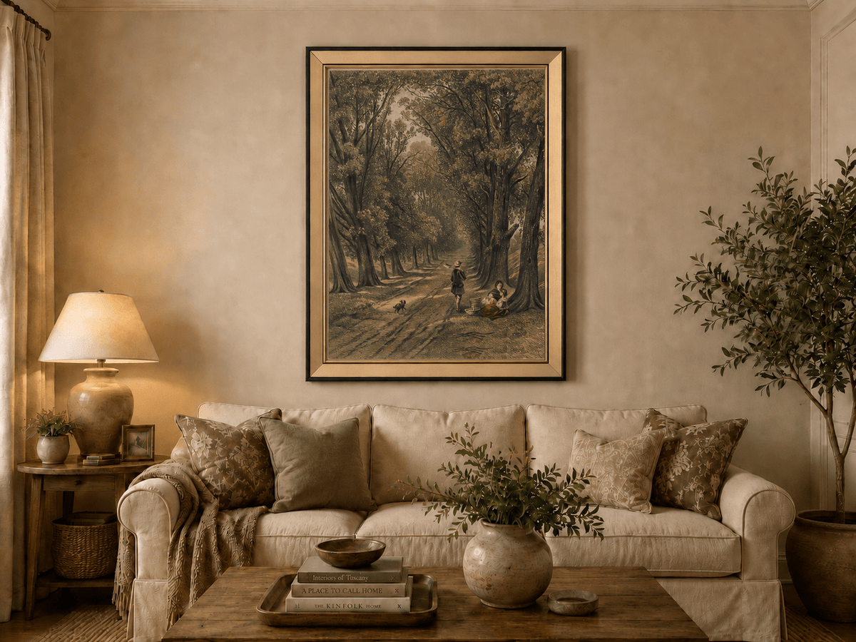 Landscape Oil Painting - Wooded Path Figures Under Tall Trees