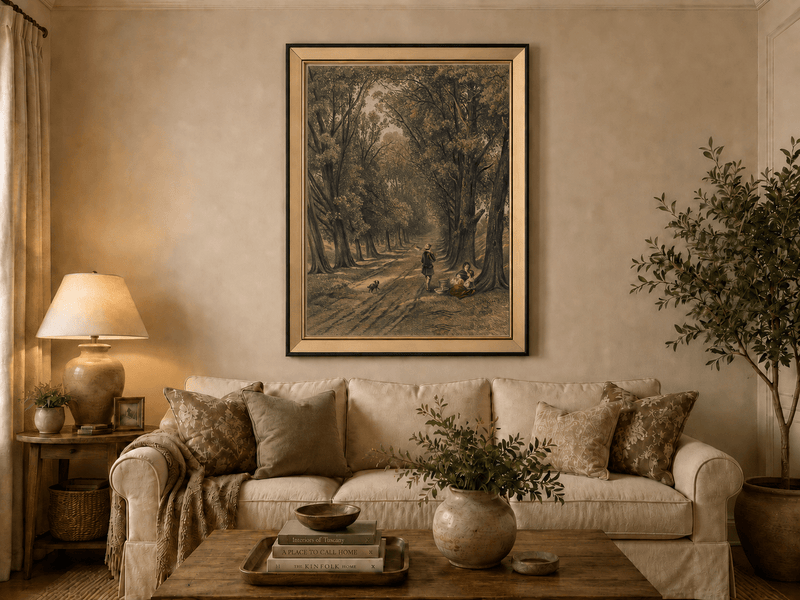 Landscape Oil Painting - Wooded Path Figures Under Tall Trees