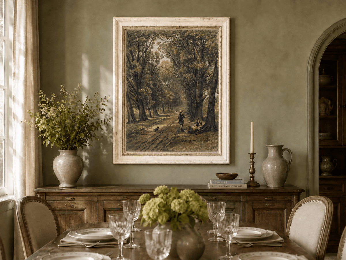 Landscape Oil Painting - Wooded Path Figures Under Tall Trees