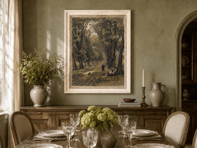 Landscape Oil Painting - Wooded Path Figures Under Tall Trees