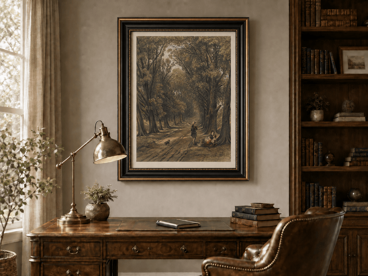 Landscape Oil Painting - Wooded Path Figures Under Tall Trees