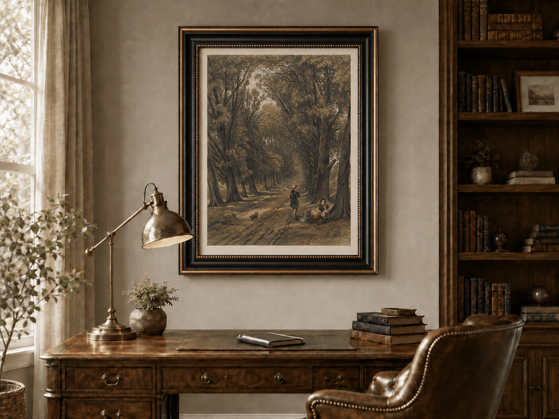 Landscape Oil Painting - Wooded Path Figures Under Tall Trees