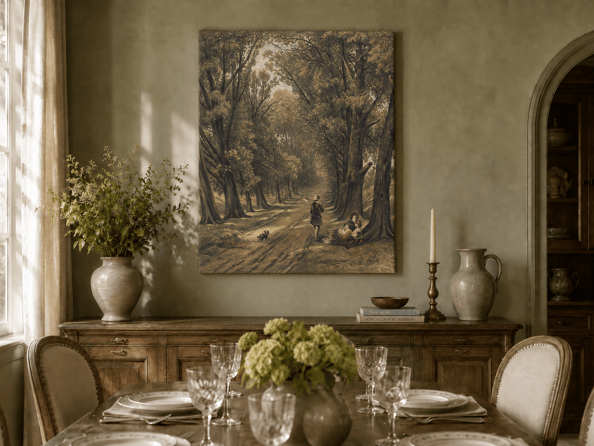 Landscape Oil Painting - Wooded Path Figures Under Tall Trees
