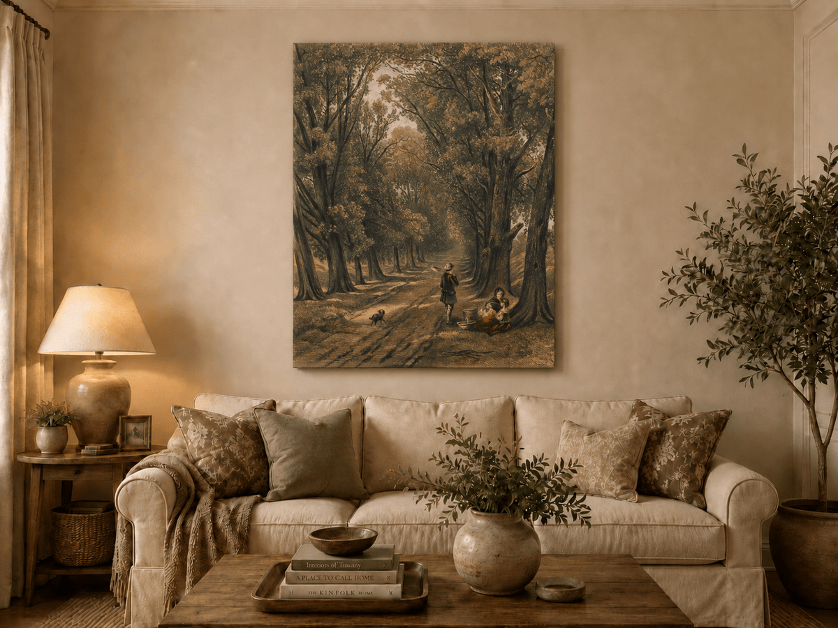 Landscape Oil Painting - Wooded Path Figures Under Tall Trees