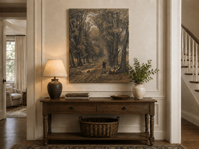 Landscape Oil Painting - Wooded Path Figures Under Tall Trees