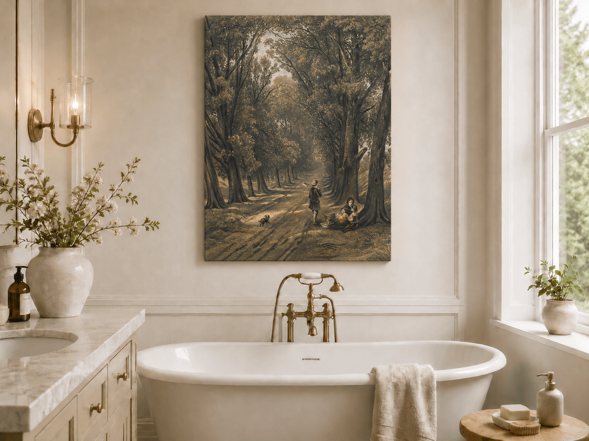 Landscape Oil Painting - Wooded Path Figures Under Tall Trees