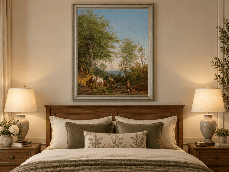 Pittura a olio di paesaggio - Sentiero boscoso con cavalli e boscaiolo
