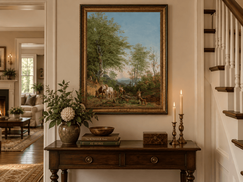 Pittura a olio di paesaggio - Sentiero boscoso con cavalli e boscaiolo