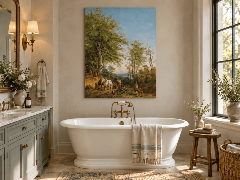 Pittura a olio di paesaggio - Sentiero boscoso con cavalli e boscaiolo