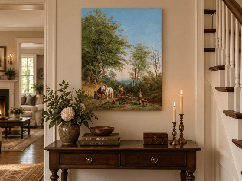 Pittura a olio di paesaggio - Sentiero boscoso con cavalli e boscaiolo