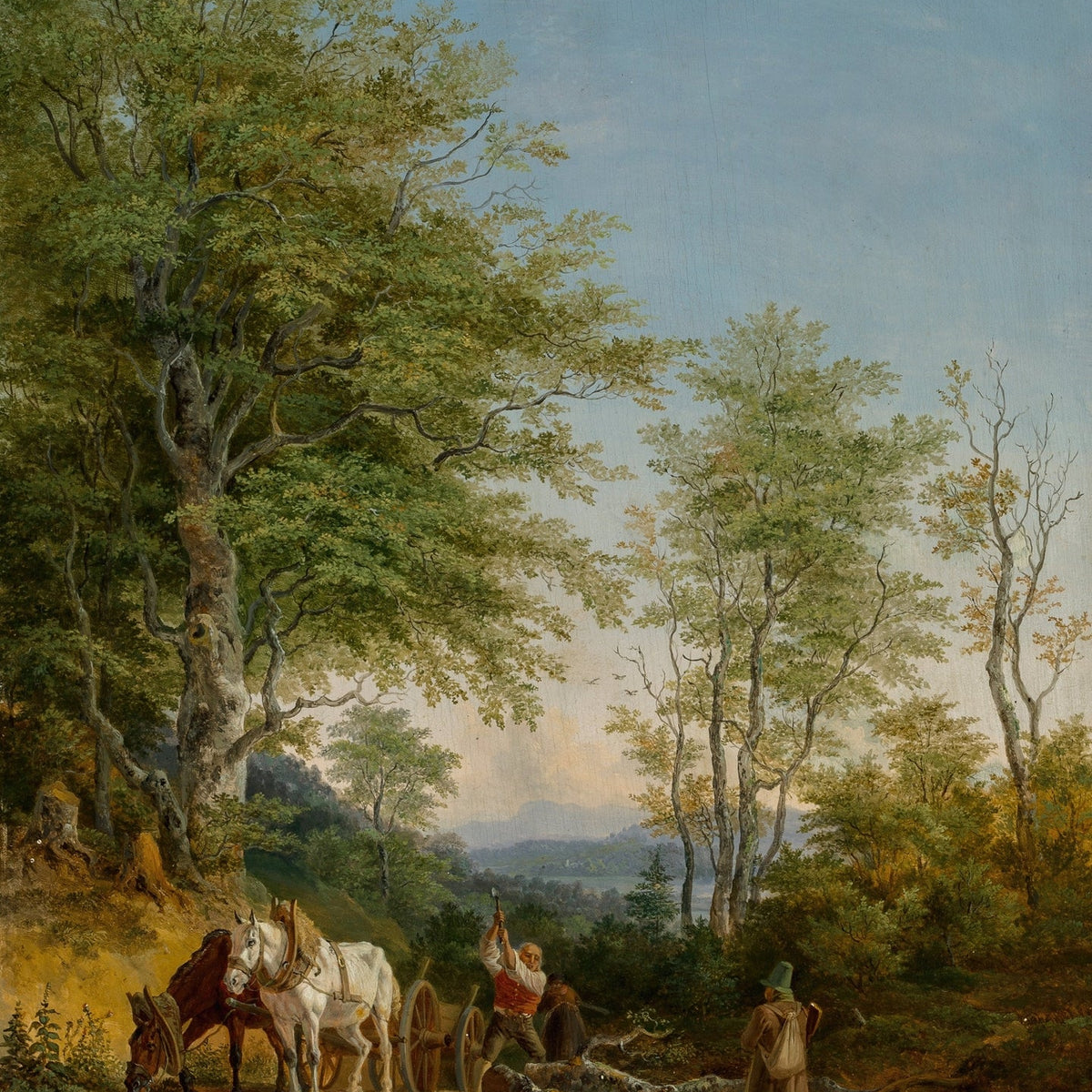 Hand-painted wooded path with horses and woodcutter landscape oil painting on canvas
