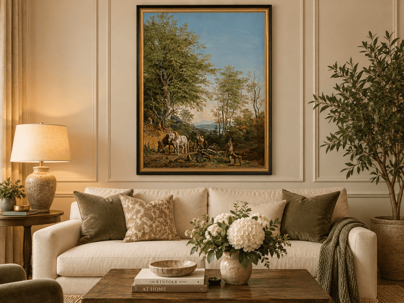 Pittura a olio di paesaggio - Sentiero boscoso con cavalli e boscaiolo