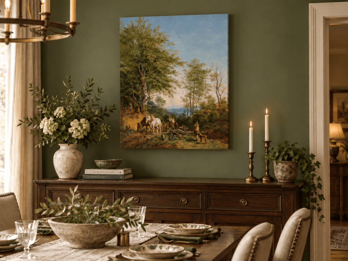 Pittura a olio di paesaggio - Sentiero boscoso con cavalli e boscaiolo