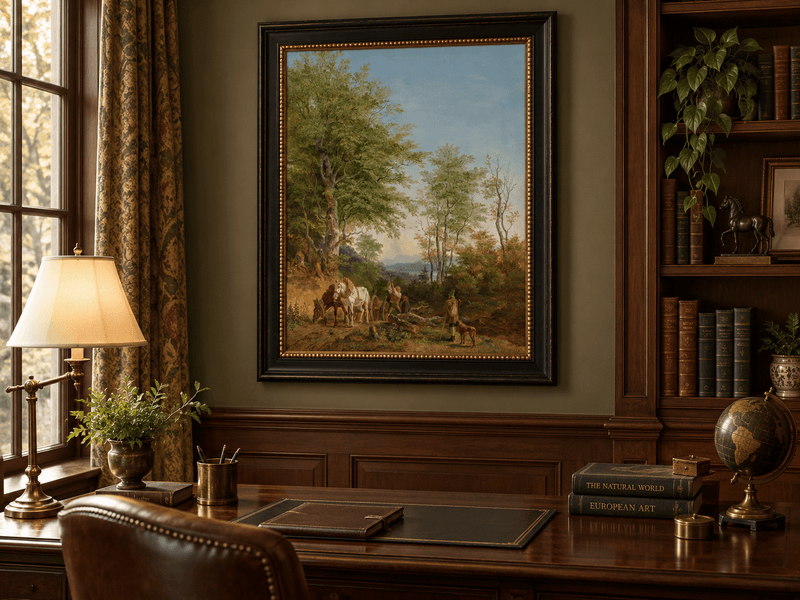 Pittura a olio di paesaggio - Sentiero boscoso con cavalli e boscaiolo