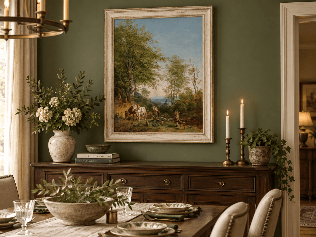 Pittura a olio di paesaggio - Sentiero boscoso con cavalli e boscaiolo