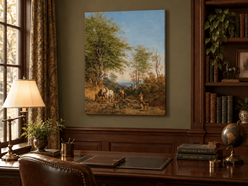 Pittura a olio di paesaggio - Sentiero boscoso con cavalli e boscaiolo