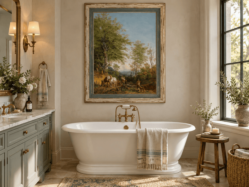 Pittura a olio di paesaggio - Sentiero boscoso con cavalli e boscaiolo