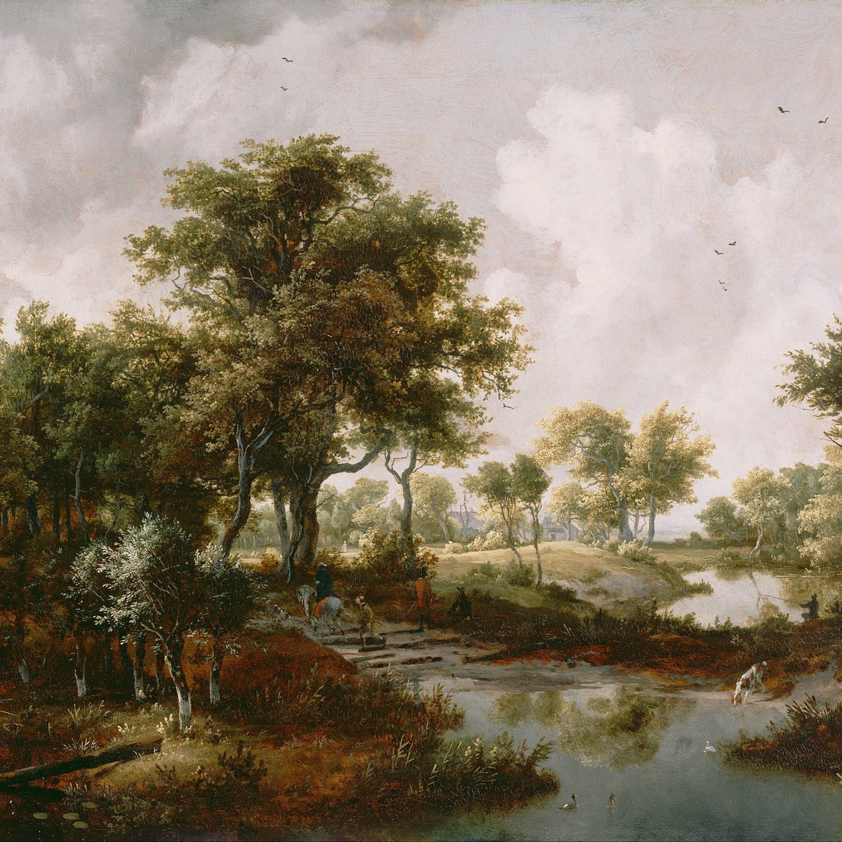 Landscape Oil Painting - Wooded River Landscape under Cloudy Sky - Oil Painting Haven