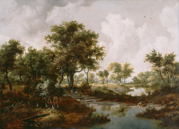 Landscape Oil Painting - Wooded River Landscape under Cloudy Sky - Oil Painting Haven