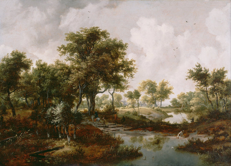 Landscape Oil Painting - Wooded River Landscape under Cloudy Sky - Oil Painting Haven