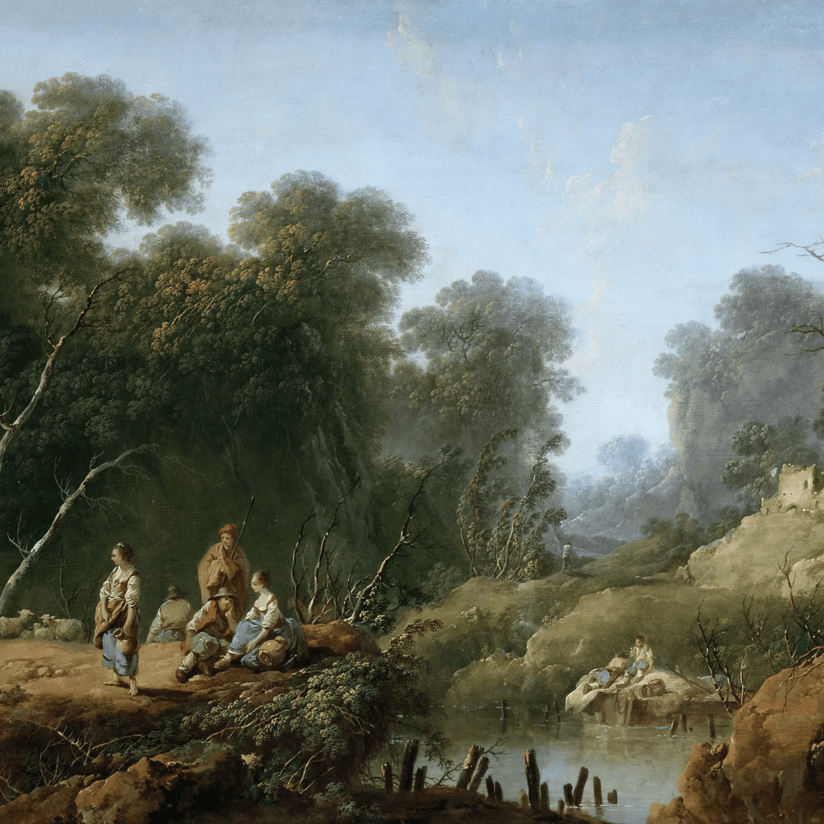 Hand-painted wooded river valley with figures landscape oil painting on canvas