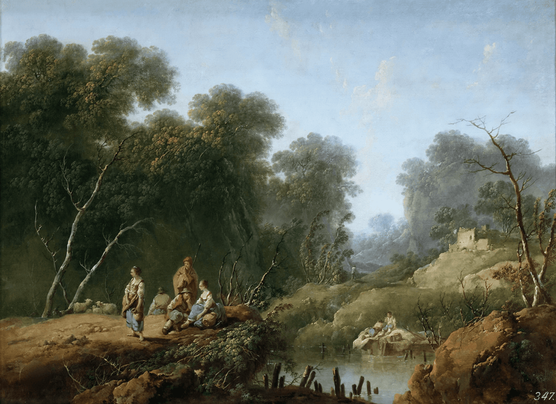 Hand-painted wooded river valley with figures landscape oil painting on canvas