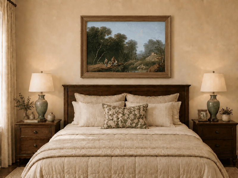 Landscape Oil Painting - Wooded River Valley with Figures