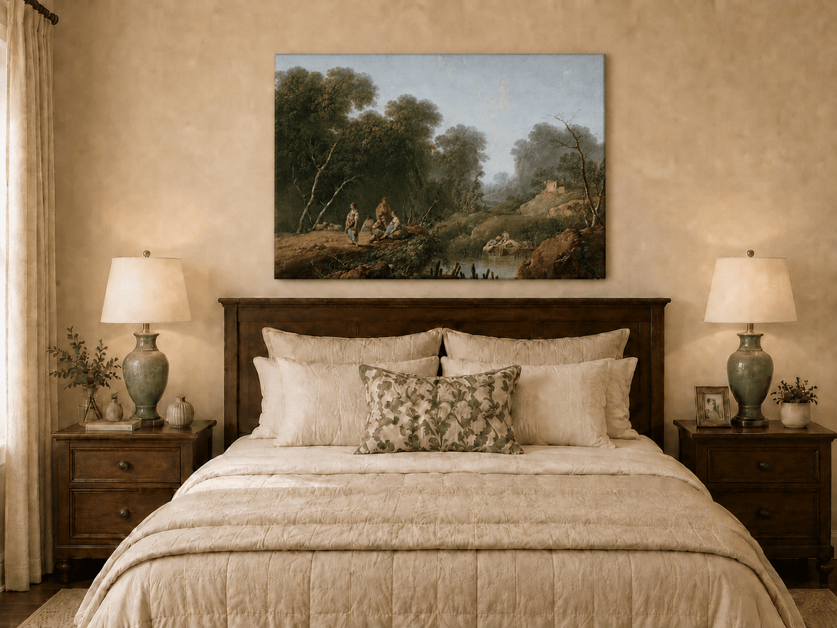 Landscape Oil Painting - Wooded River Valley with Figures