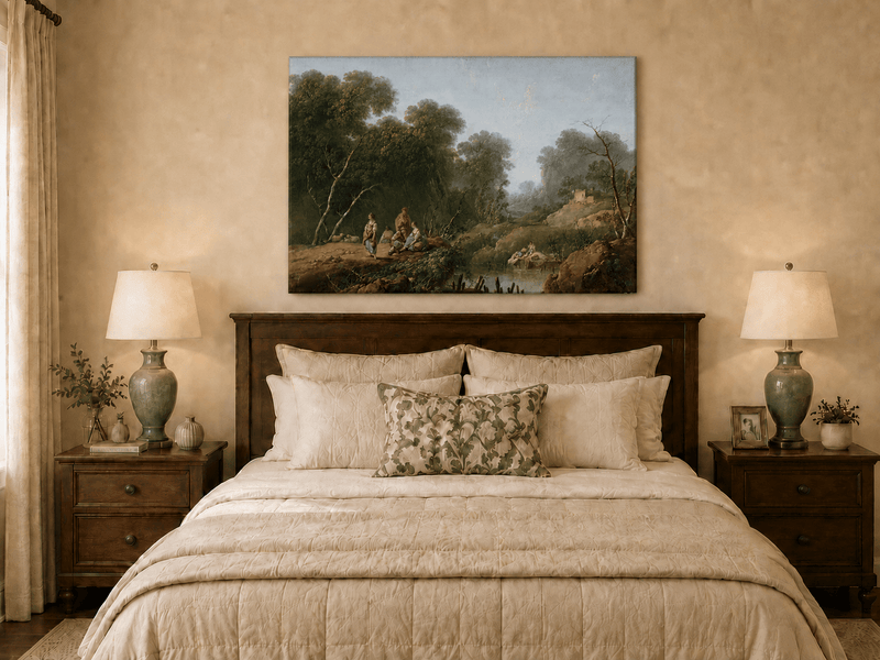 Landscape Oil Painting - Wooded River Valley with Figures