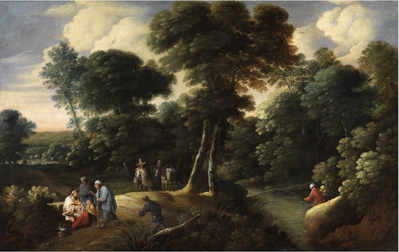 Hand-painted wooded riverbank with figures landscape oil painting on canvas