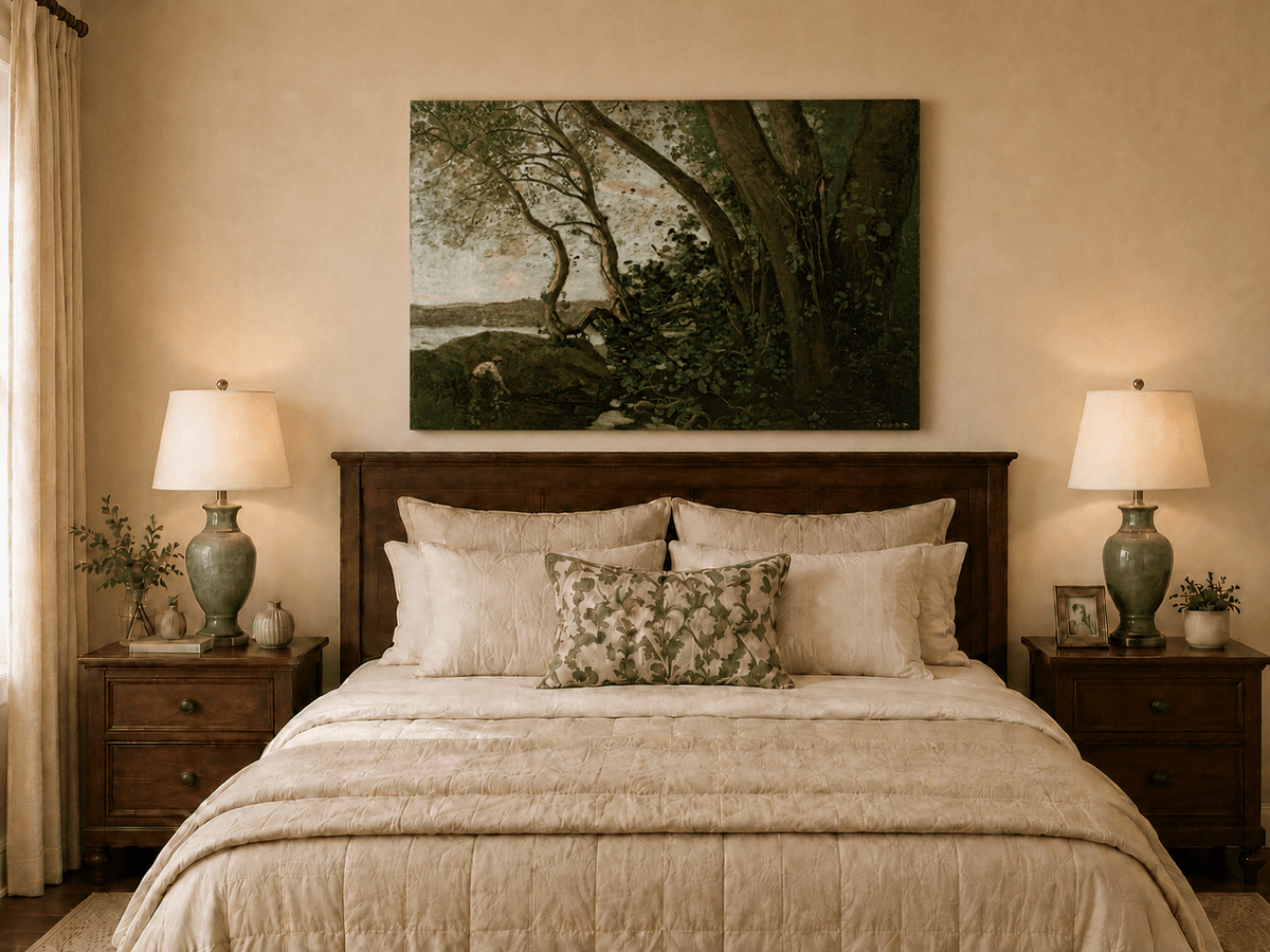 Peinture à l'huile de paysage : Bord de rivière boisé avec personnage