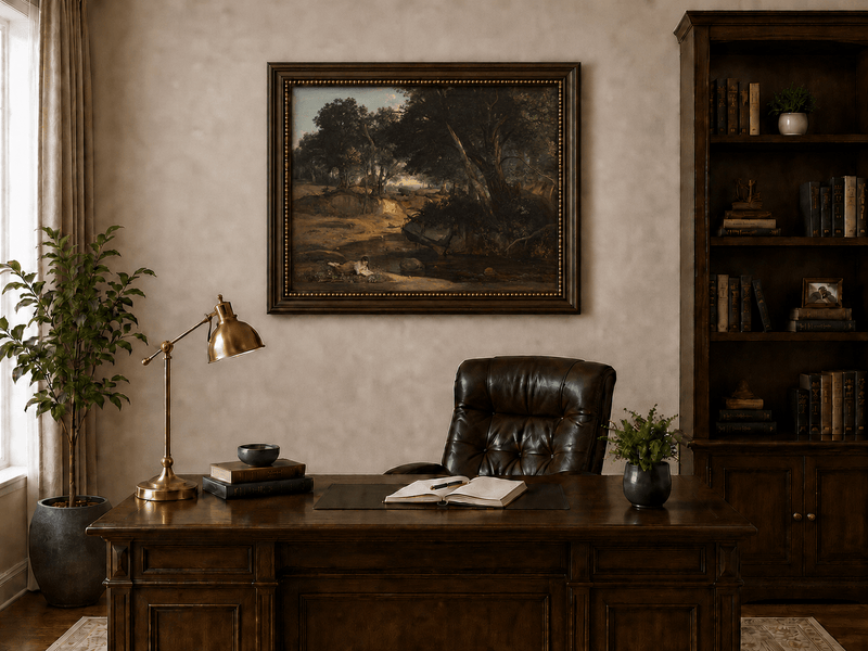 Peinture à l'huile de paysage : Bord de rivière boisé avec personnage