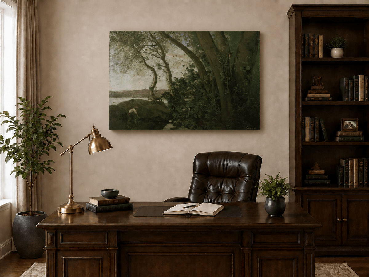 Peinture à l'huile de paysage : Bord de rivière boisé avec personnage