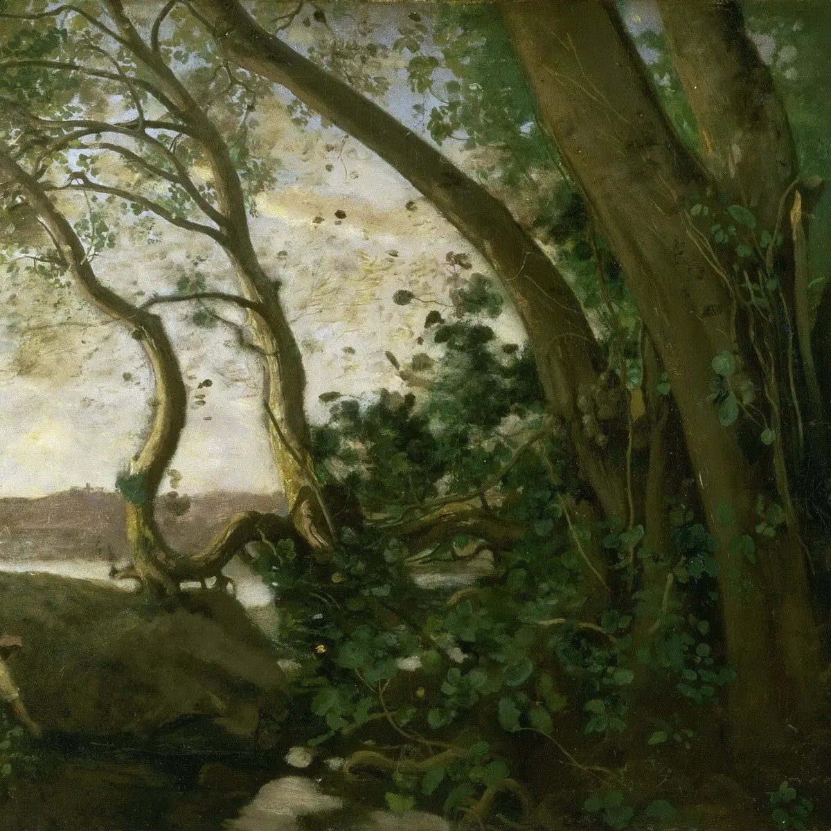 Landscape Oil Painting: Wooded Riverside with Figure Wall Art - Oil Painting Haven