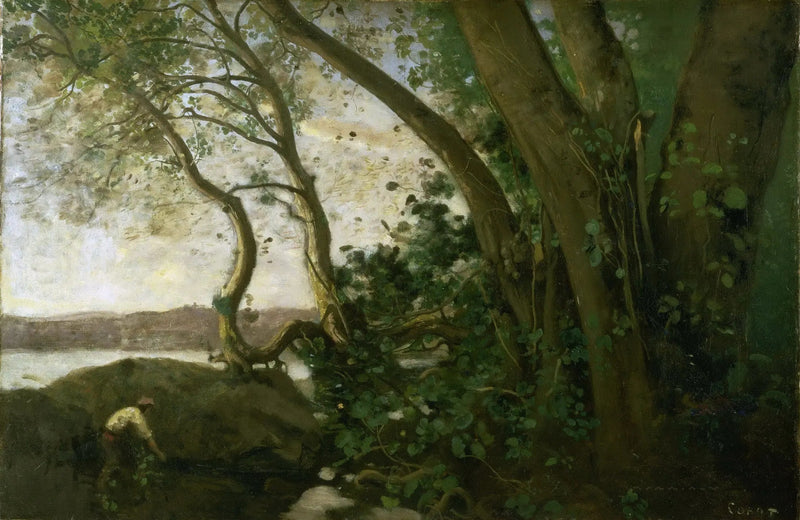 Landscape Oil Painting: Wooded Riverside with Figure Wall Art - Oil Painting Haven