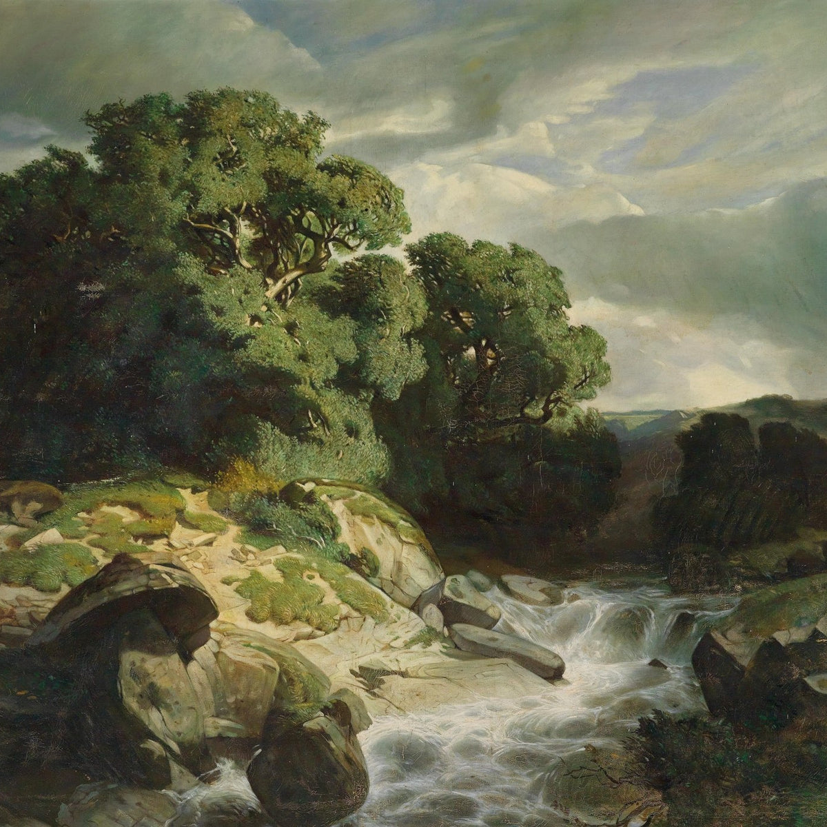 Landscape Oil Painting - Wooded Stream, Gnarled Trees & Dramatic Sky - Oil Painting Haven