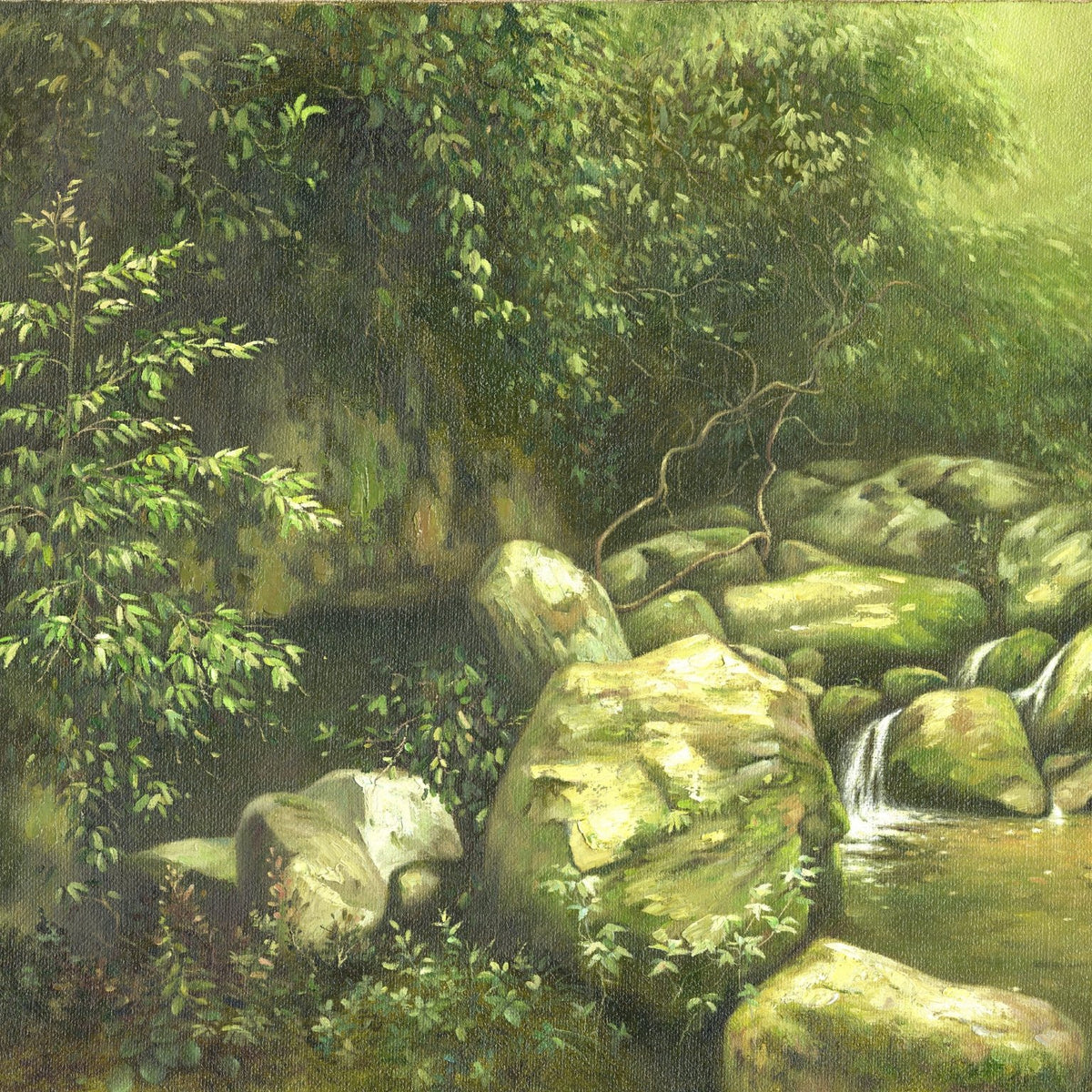 Landscape Oil Painting - Wooded Stream Gorge: Small Waterfall, Mossy Rocks - Oil Painting Haven
