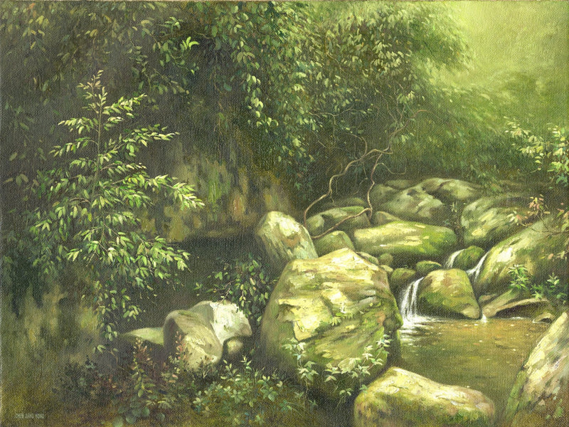 Landscape Oil Painting - Wooded Stream Gorge: Small Waterfall, Mossy Rocks - Oil Painting Haven