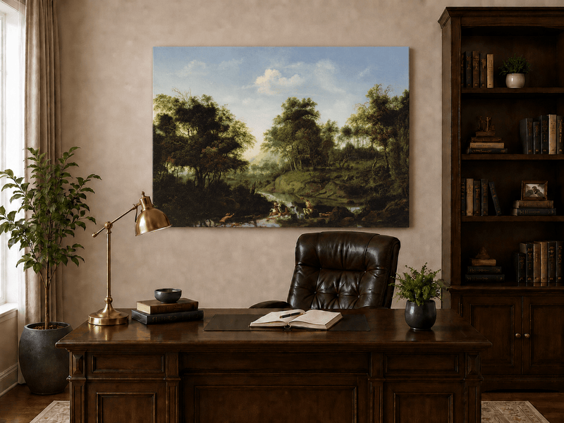 Landscape Oil Painting - Wooded Stream with Figures and Bathers