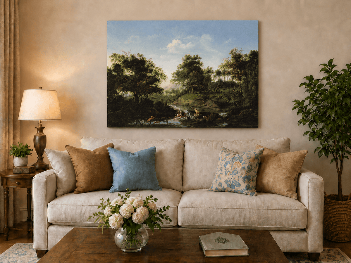 Landscape Oil Painting - Wooded Stream with Figures and Bathers